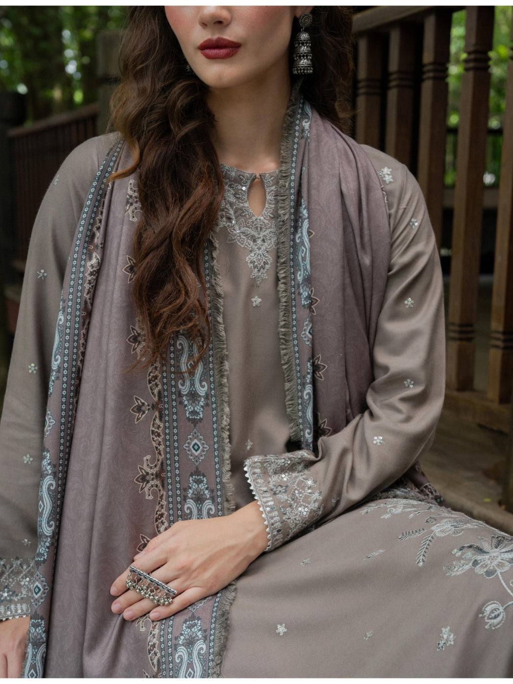 Allys by Kashmere Embroidered Wool Taupe Unstitched 3-Piece Suit Collection D-AL-1329