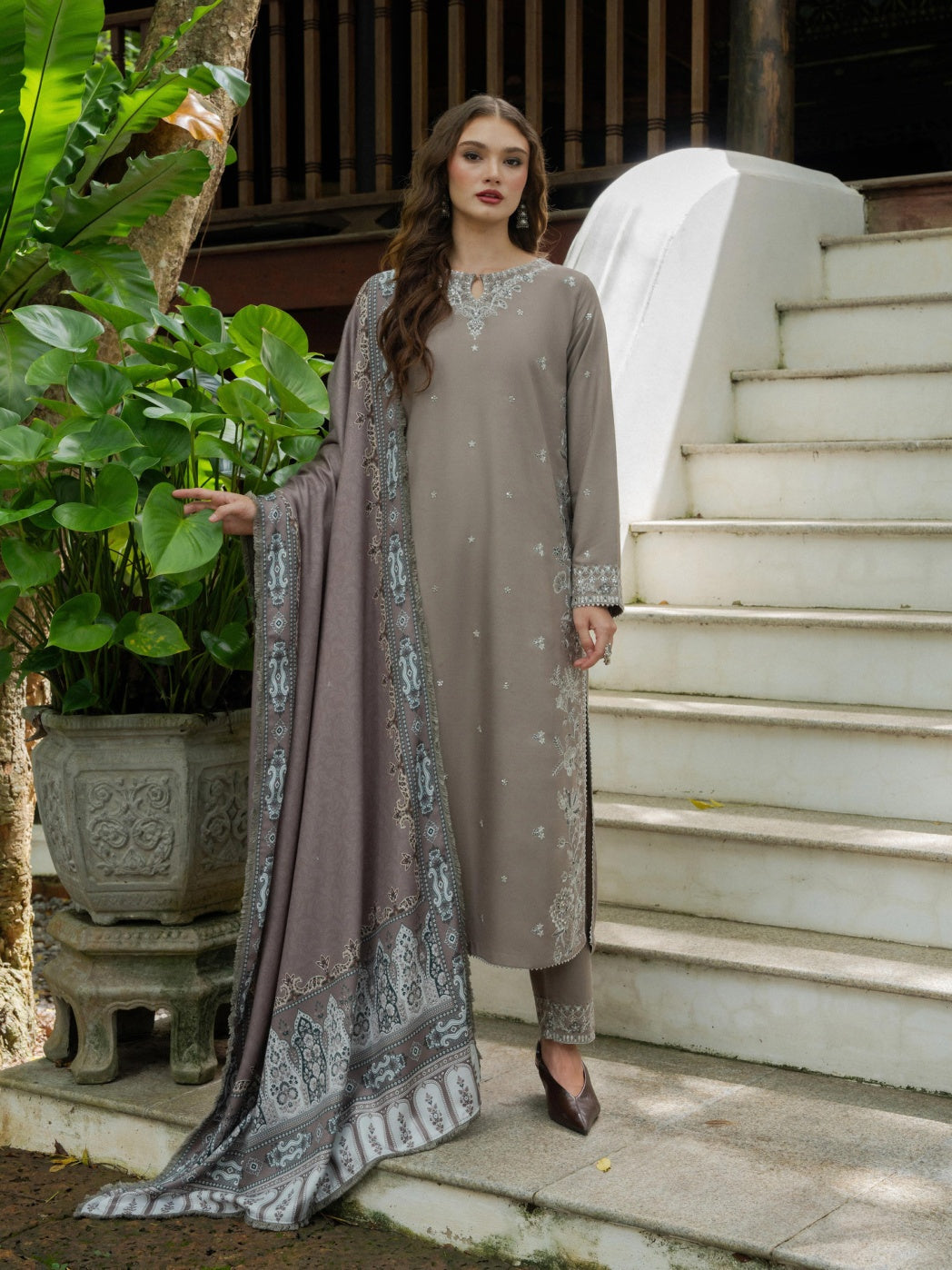 Allys by Kashmere Embroidered Wool Taupe Unstitched 3-Piece Suit Collection D-AL-1329