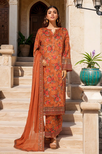 Malika By Sada Bahar Stitched 3 Piece Emb Festive Vol-05 Collection'2025-EMB Chiffon dupatta-Rust
