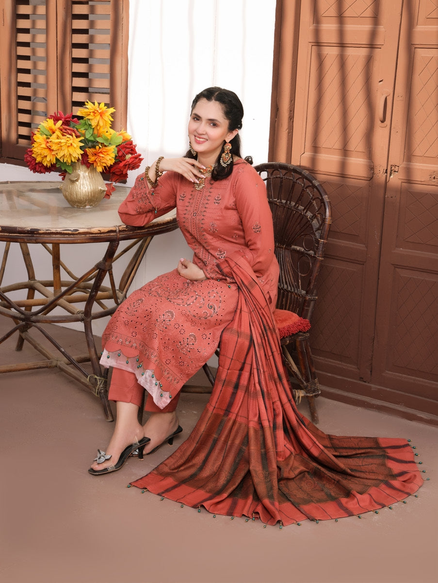 Delilah Unstitched Dyed Embroidered Winter Doriya With Fancy Shawl By Dr Haris D-03