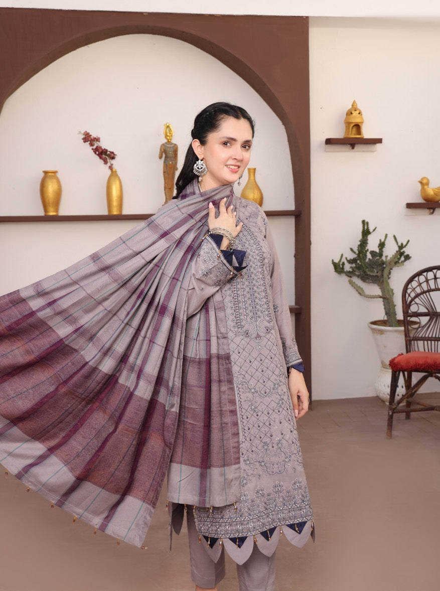 Delilah Unstitched Dyed Embroidered Winter Doriya With Fancy Shawl By Dr Haris D-04