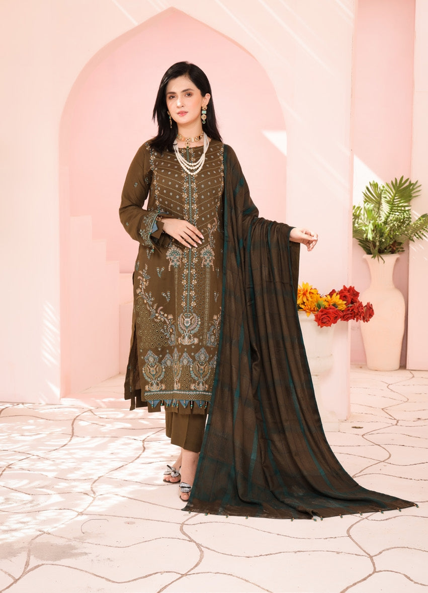 Delilah Unstitched Dyed Embroidered Winter Doriya With Fancy Shawl By Dr Haris D-01