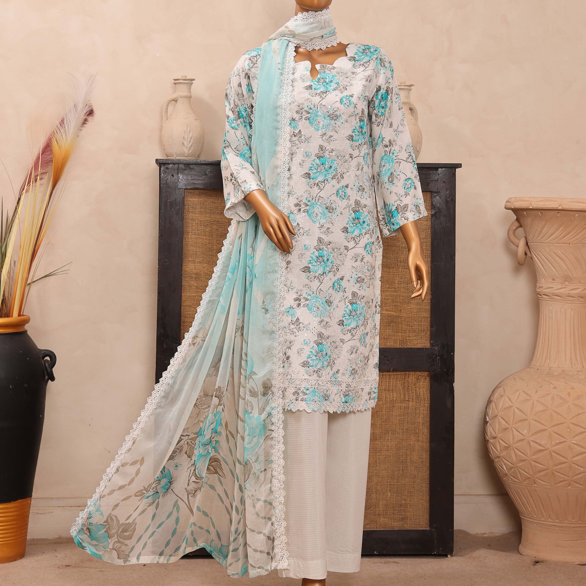 Dr. Haris Diamond White Unstitched Digital Printed Suit COLLECTION 2025 D-02