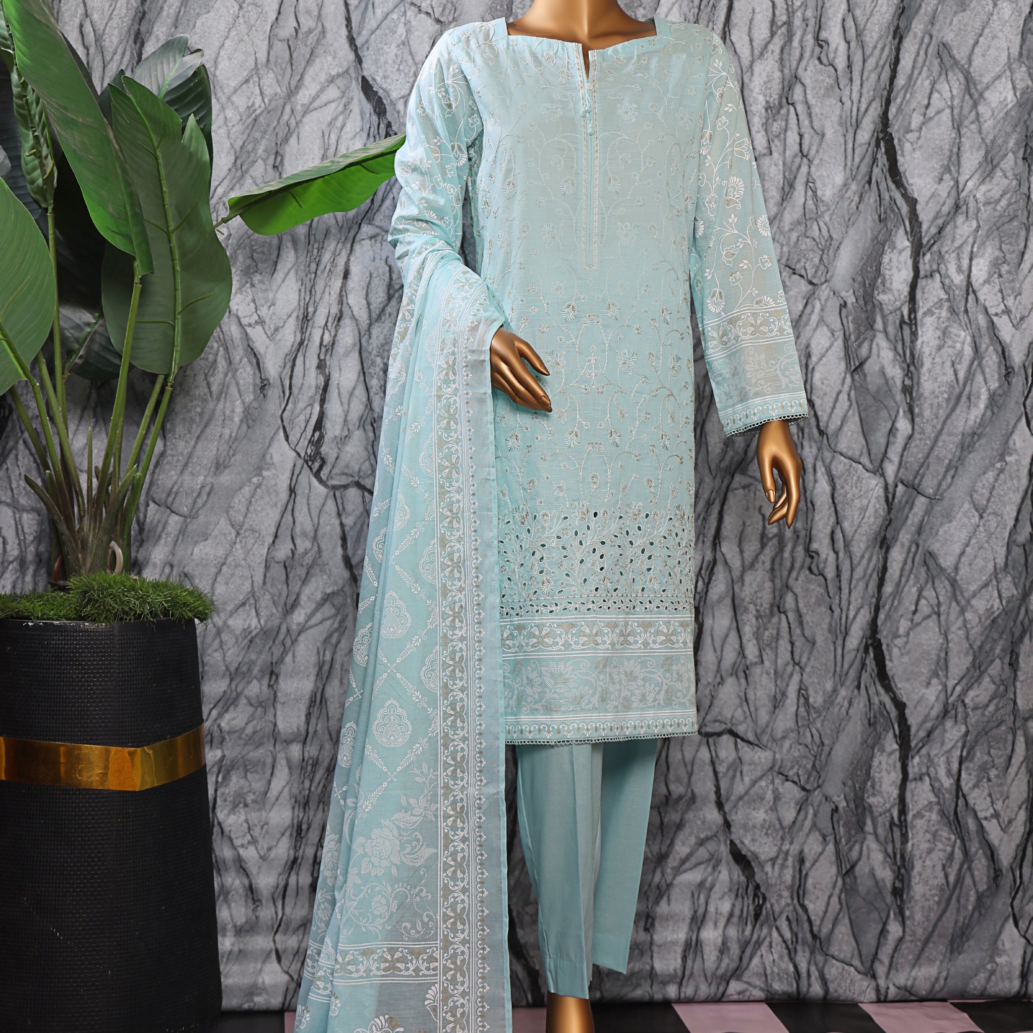 HZ Textile UNSTITCH EXCLUSIVE MID SUMMER EMBROIDERED SLUB COTTON D-03