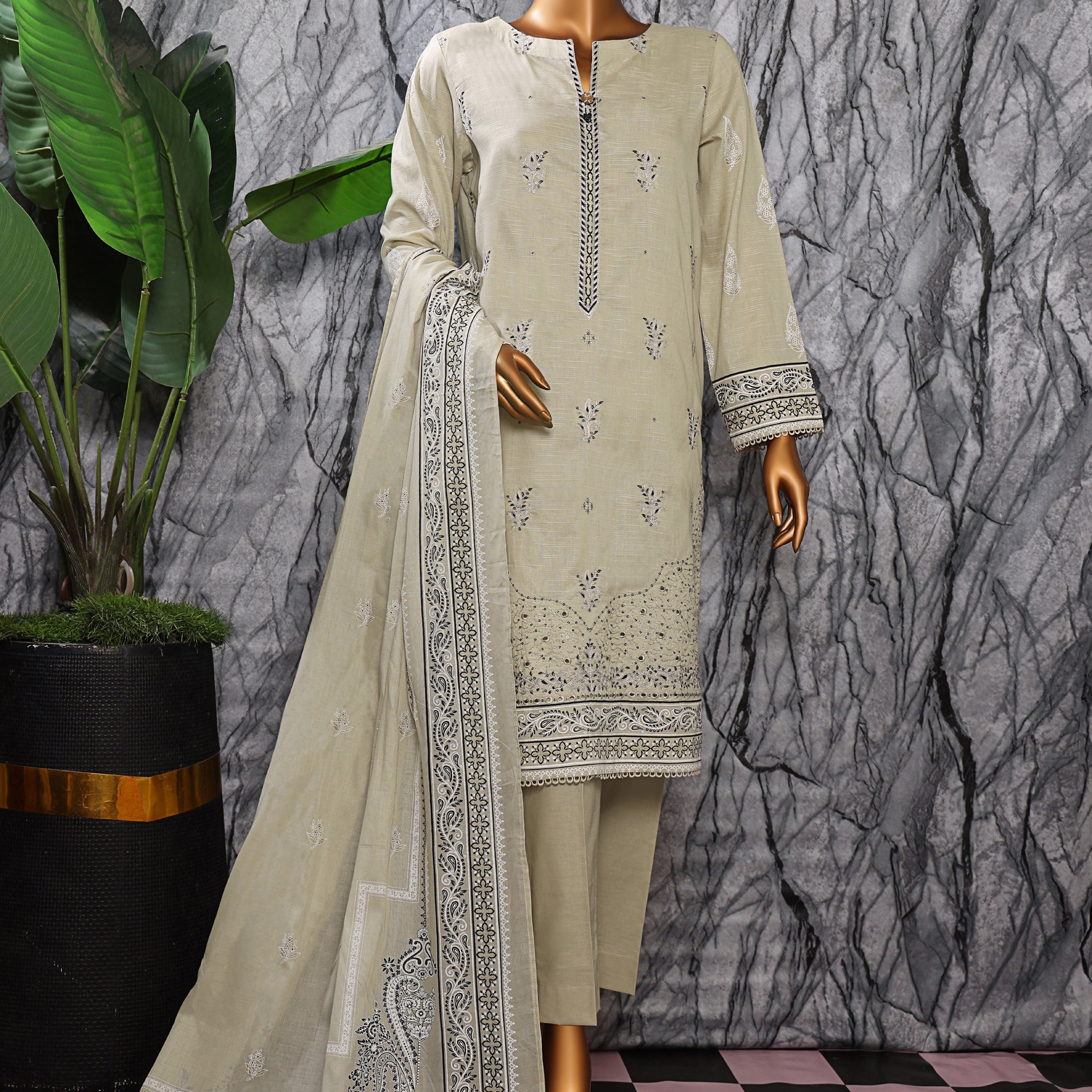 HZ Textile UNSTITCH EXCLUSIVE MID SUMMER EMBROIDERED SLUB COTTON D-07