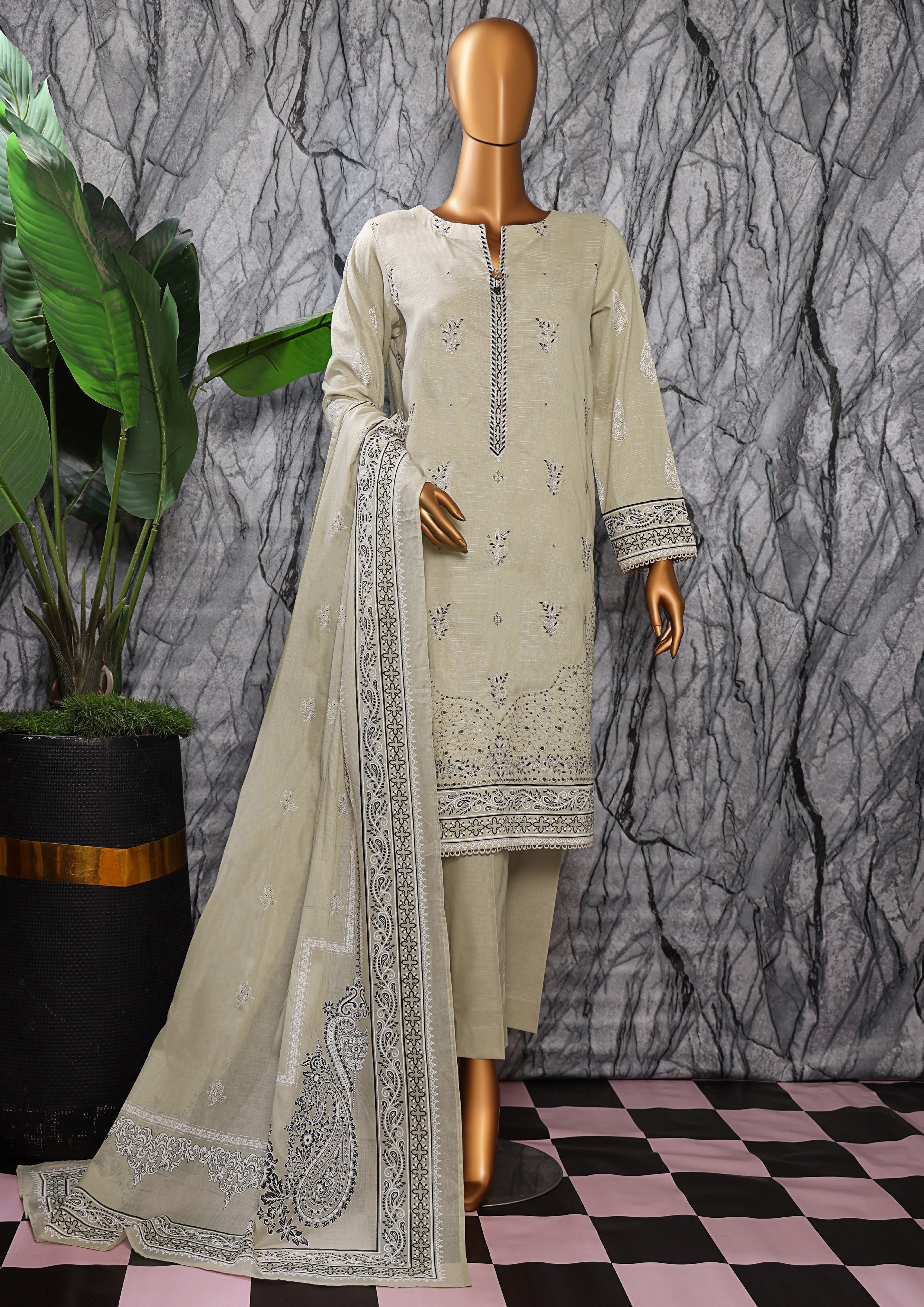 HZ Textile UNSTITCH EXCLUSIVE MID SUMMER EMBROIDERED SLUB COTTON D-07