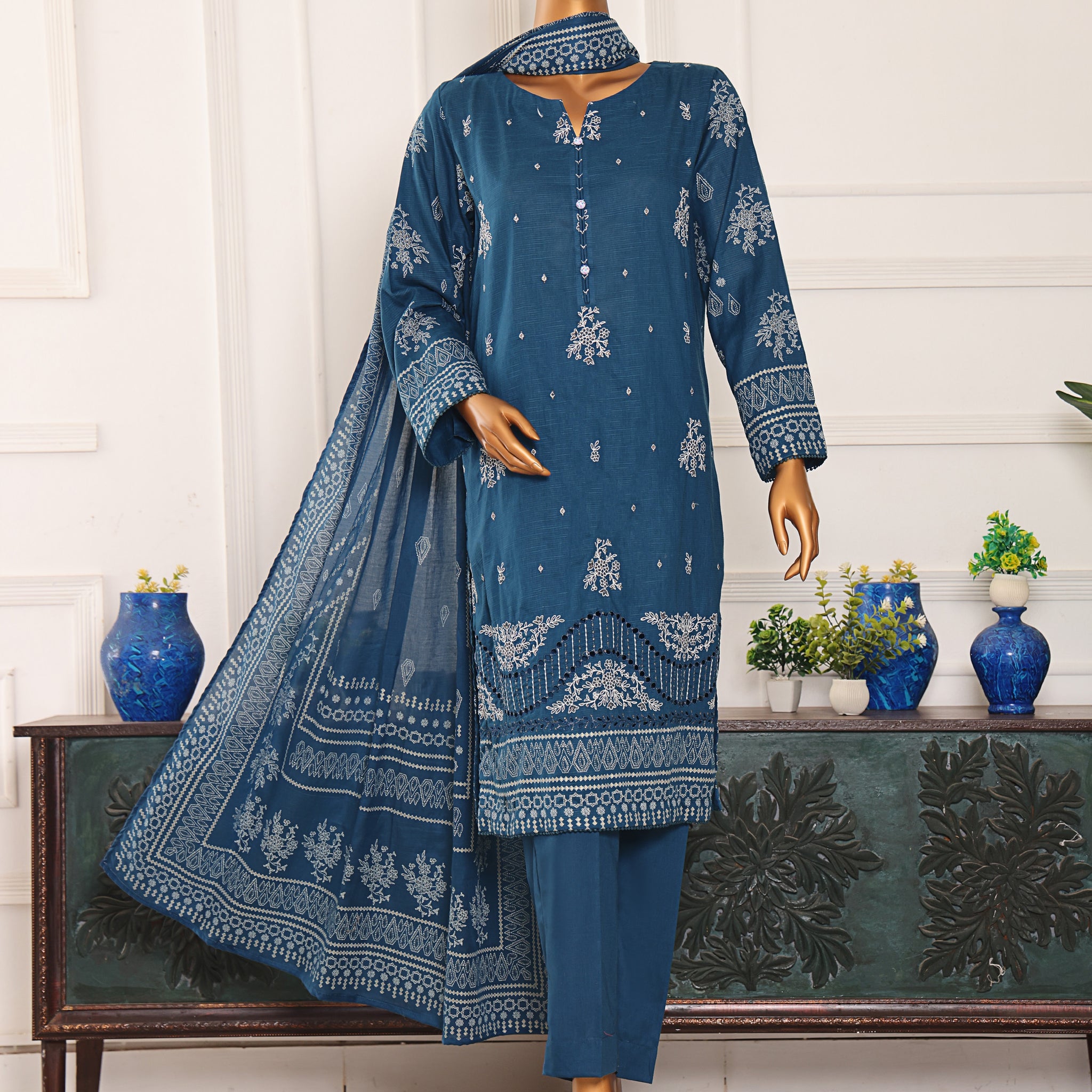 HZ Textile UNSTITCH EXCLUSIVE MID SUMMER EMBROIDERED SLUB COTTON D-08