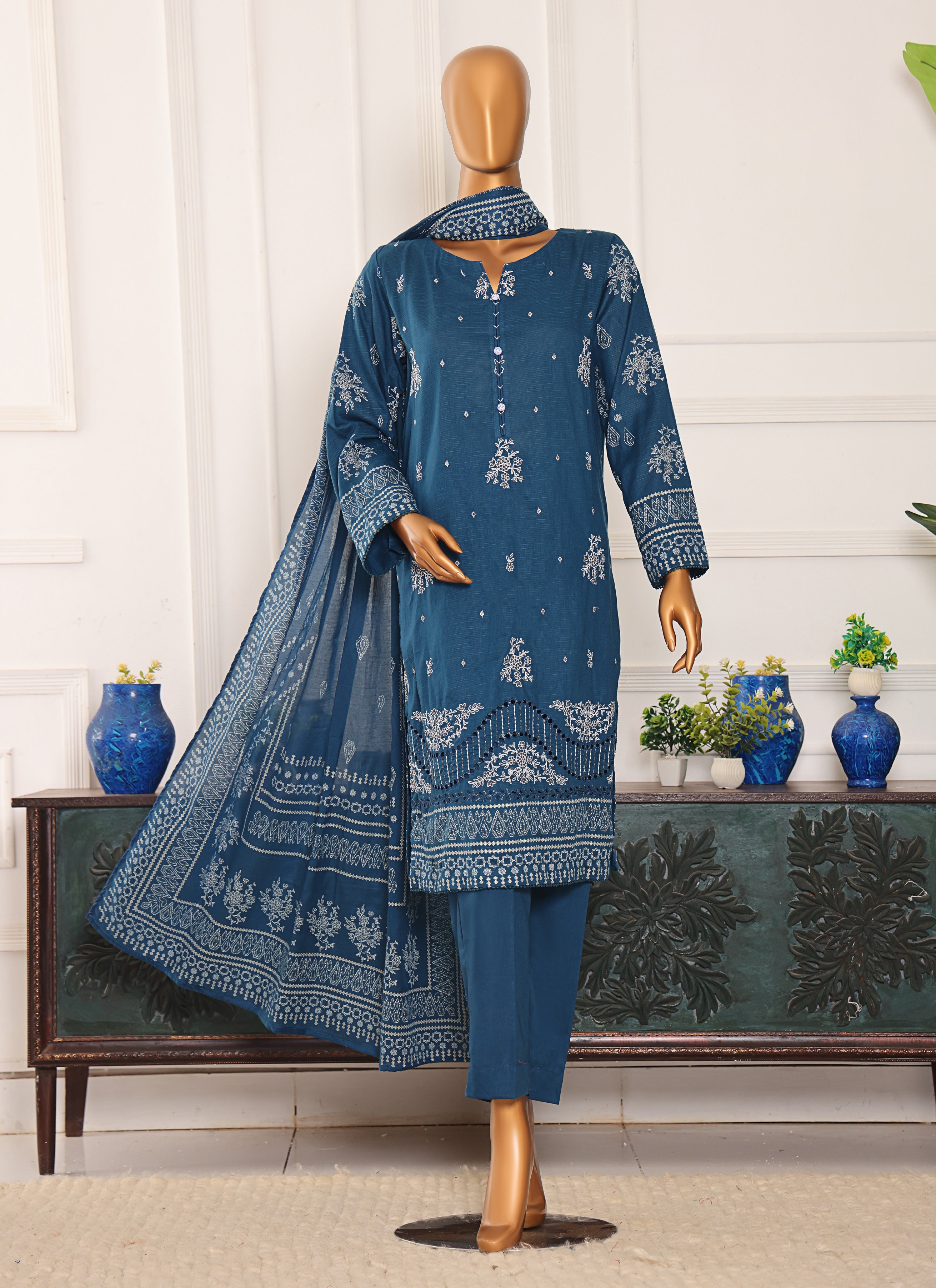 HZ Textile UNSTITCH EXCLUSIVE MID SUMMER EMBROIDERED SLUB COTTON D-08