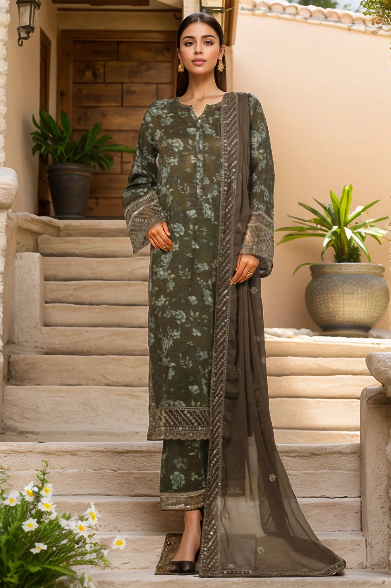 Malika By Sada Bahar Stitched 3 Piece Emb Festive Vol-05 Collection'2025-EMB Chiffon dupatta-mehandi green