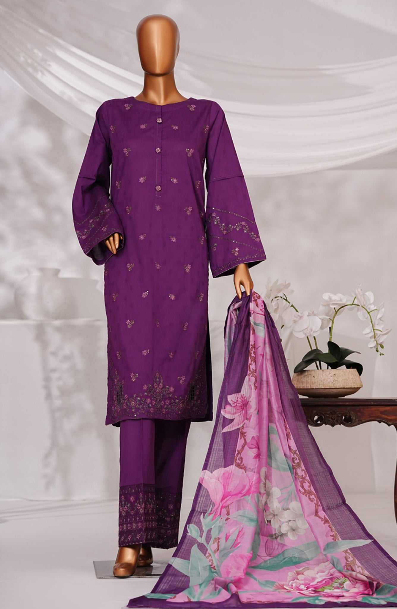 HZ Textile RTW MUSE Cotton Self Jacquard Embroidered With Digital Printed Dupatta VOL-05 3PC Collection 2025 D-02