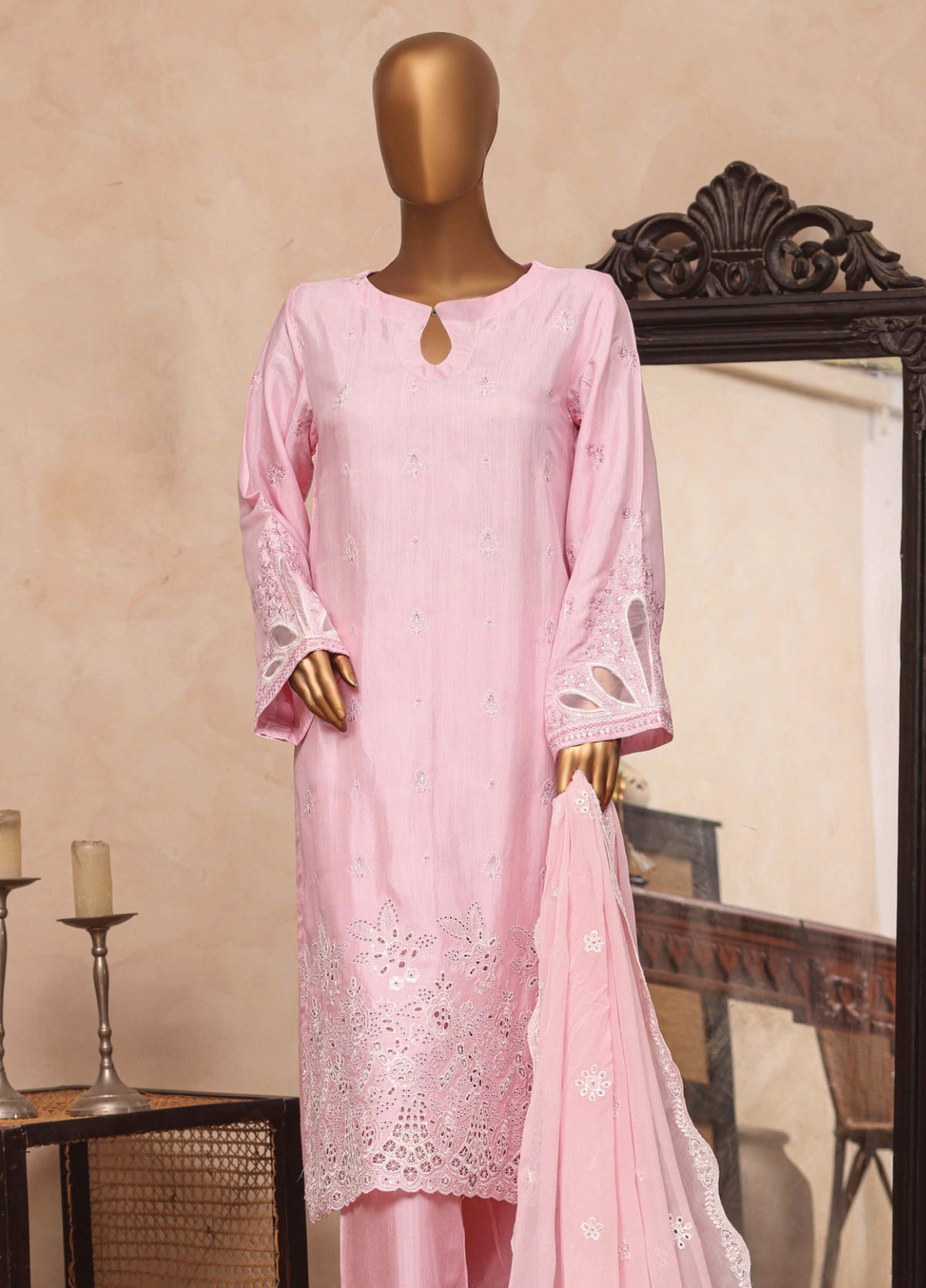 Majestic Silk by HZ Textiles RTW Embroidered Raw silk 3 Piece Suit D-03 Blush Rose