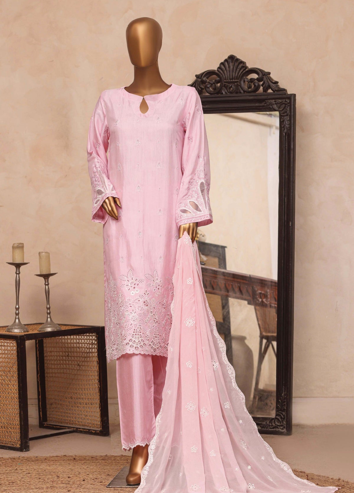 Majestic Silk by HZ Textiles RTW Embroidered Raw silk 3 Piece Suit D-03 Blush Rose