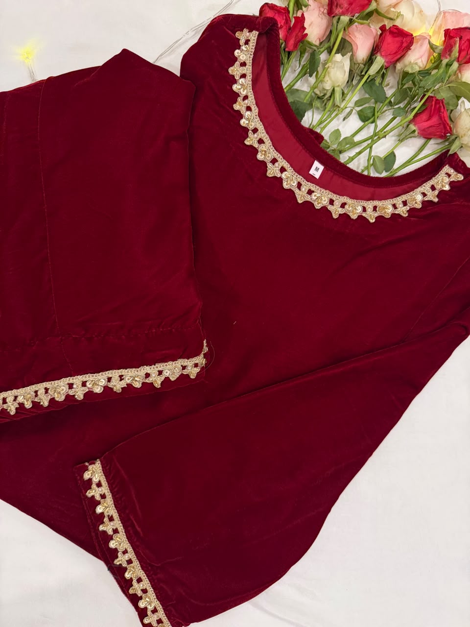 Ayesha Fabrics by Premium 11000 Micro Velvet Embroidered Shirt & Bell-Bottom Trouser Set D-08