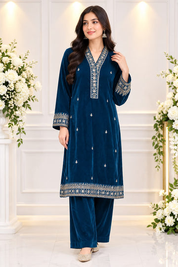 Ayesha Fabrics by Premium 11000 Micro Velvet Embroidered Shirt & Bell-Bottom Trouser Set D-02