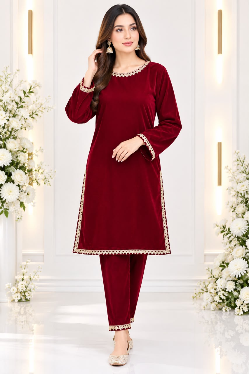 Ayesha Fabrics by Premium 11000 Micro Velvet Embroidered Shirt & Bell-Bottom Trouser Set D-08