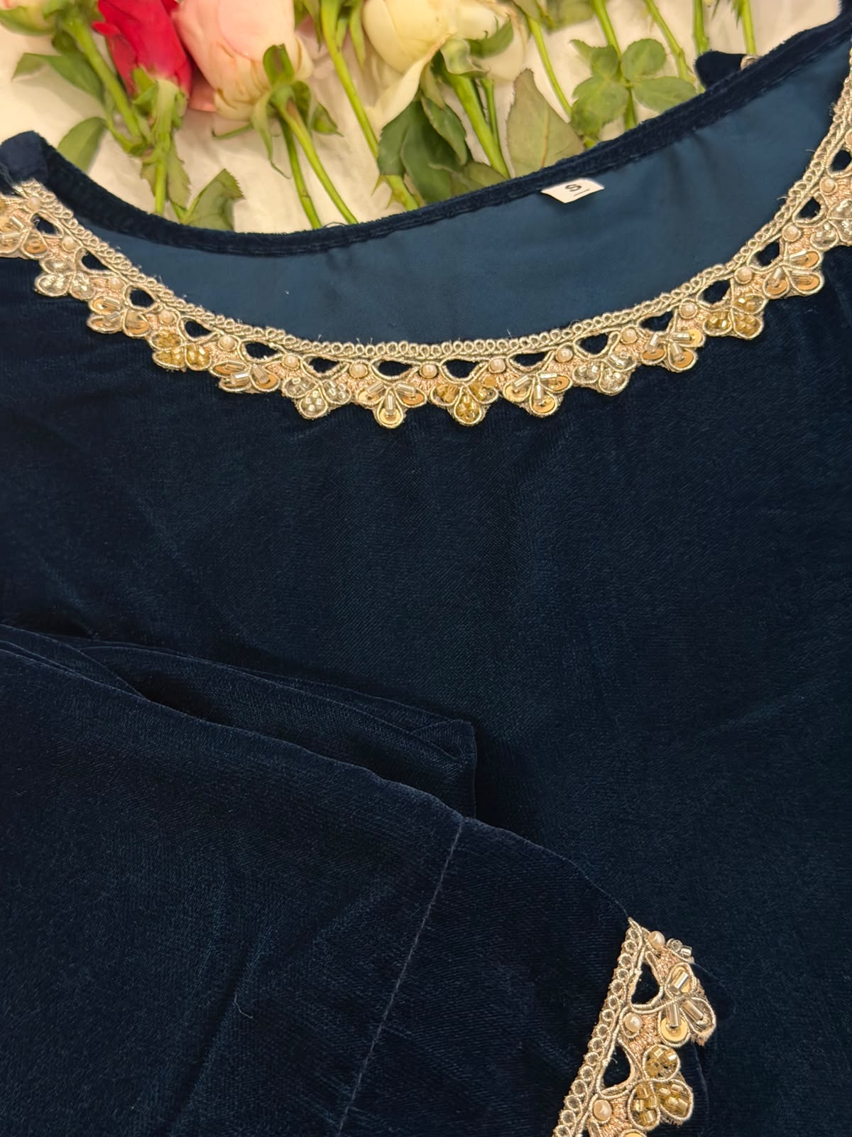 Ayesha Fabrics by Premium 11000 Micro Velvet Embroidered Shirt & Bell-Bottom Trouser Set D-07