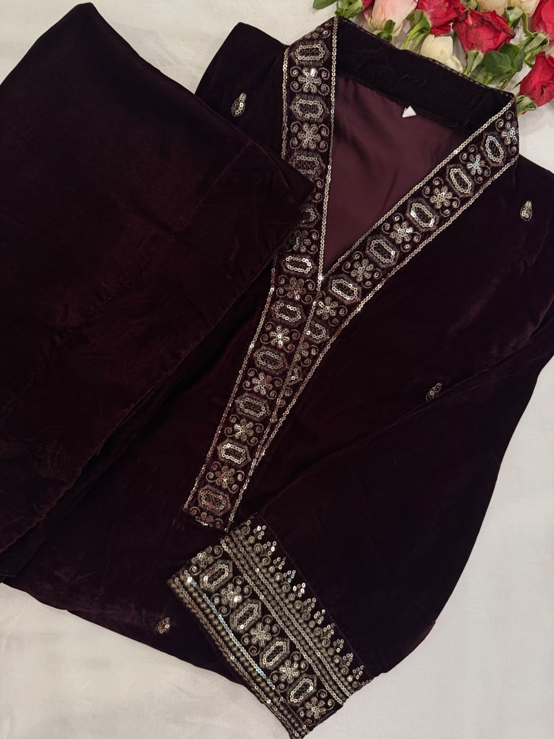 Ayesha Fabrics by Premium 11000 Micro Velvet Embroidered Shirt & Bell-Bottom Trouser Set D-03