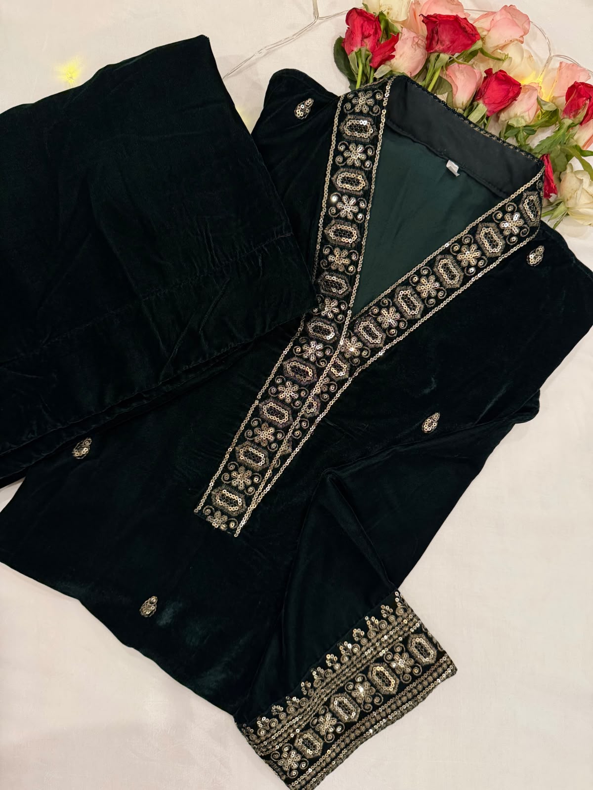 Ayesha Fabrics by Premium 11000 Micro Velvet Embroidered Shirt & Bell-Bottom Trouser Set D-04