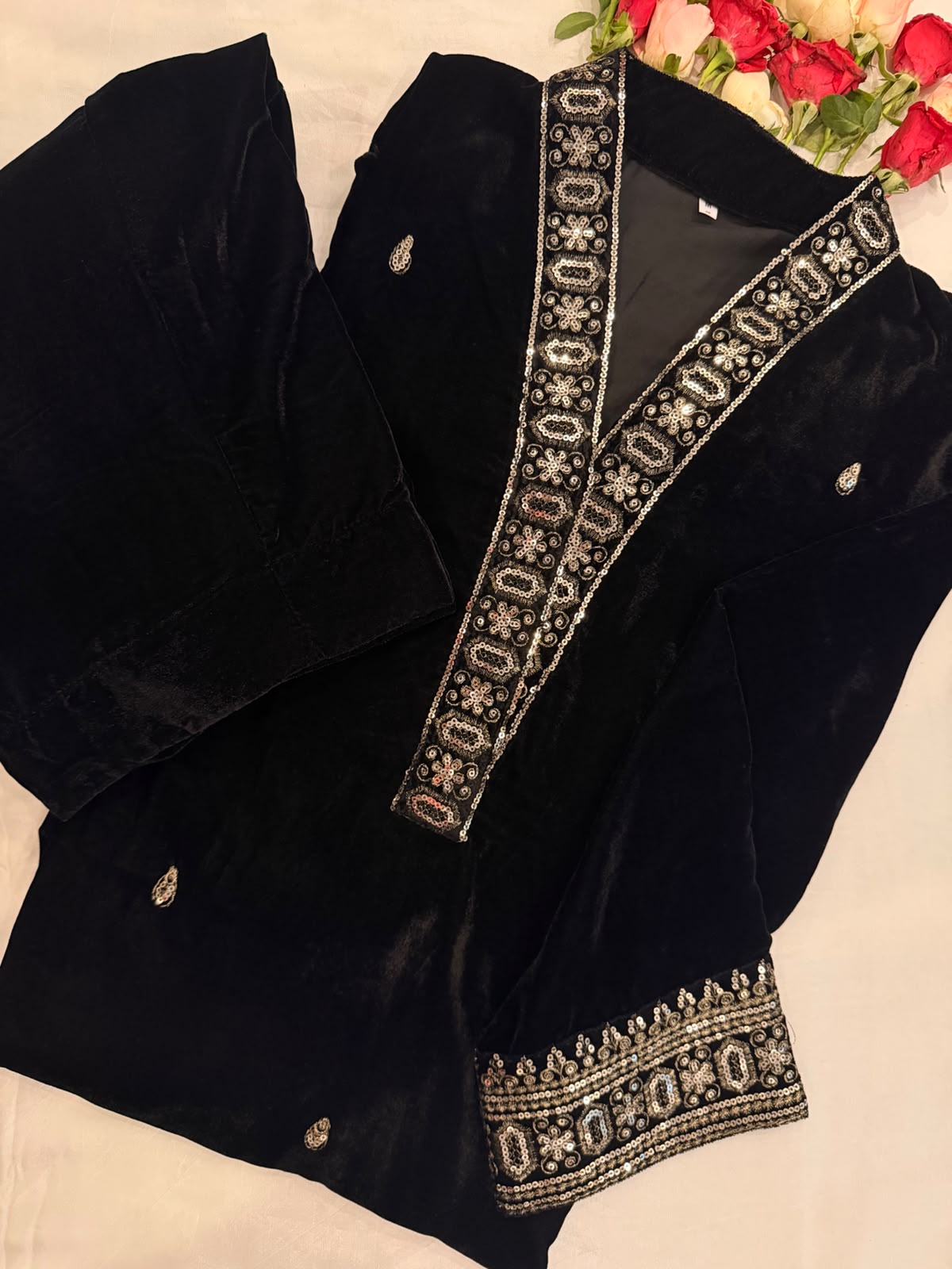 Ayesha Fabrics by Premium 11000 Micro Velvet Embroidered Shirt & Bell-Bottom Trouser Set D-05
