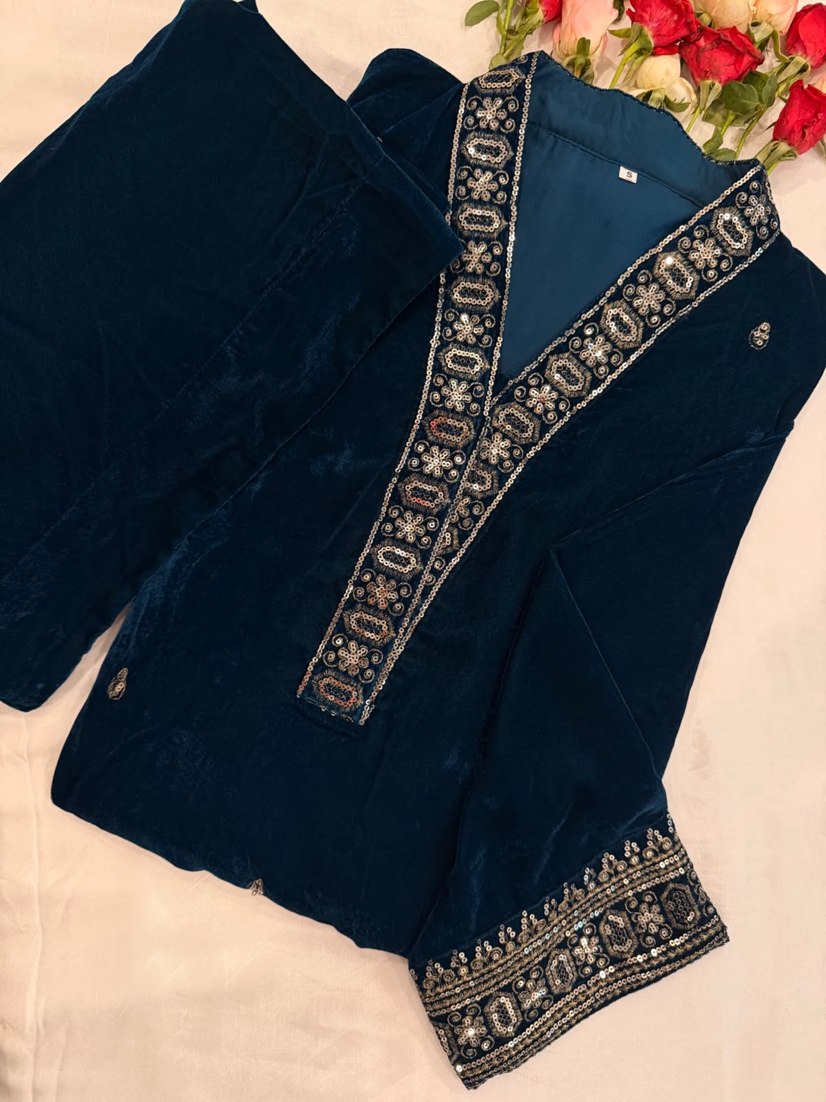 Ayesha Fabrics by Premium 11000 Micro Velvet Embroidered Shirt & Bell-Bottom Trouser Set D-02