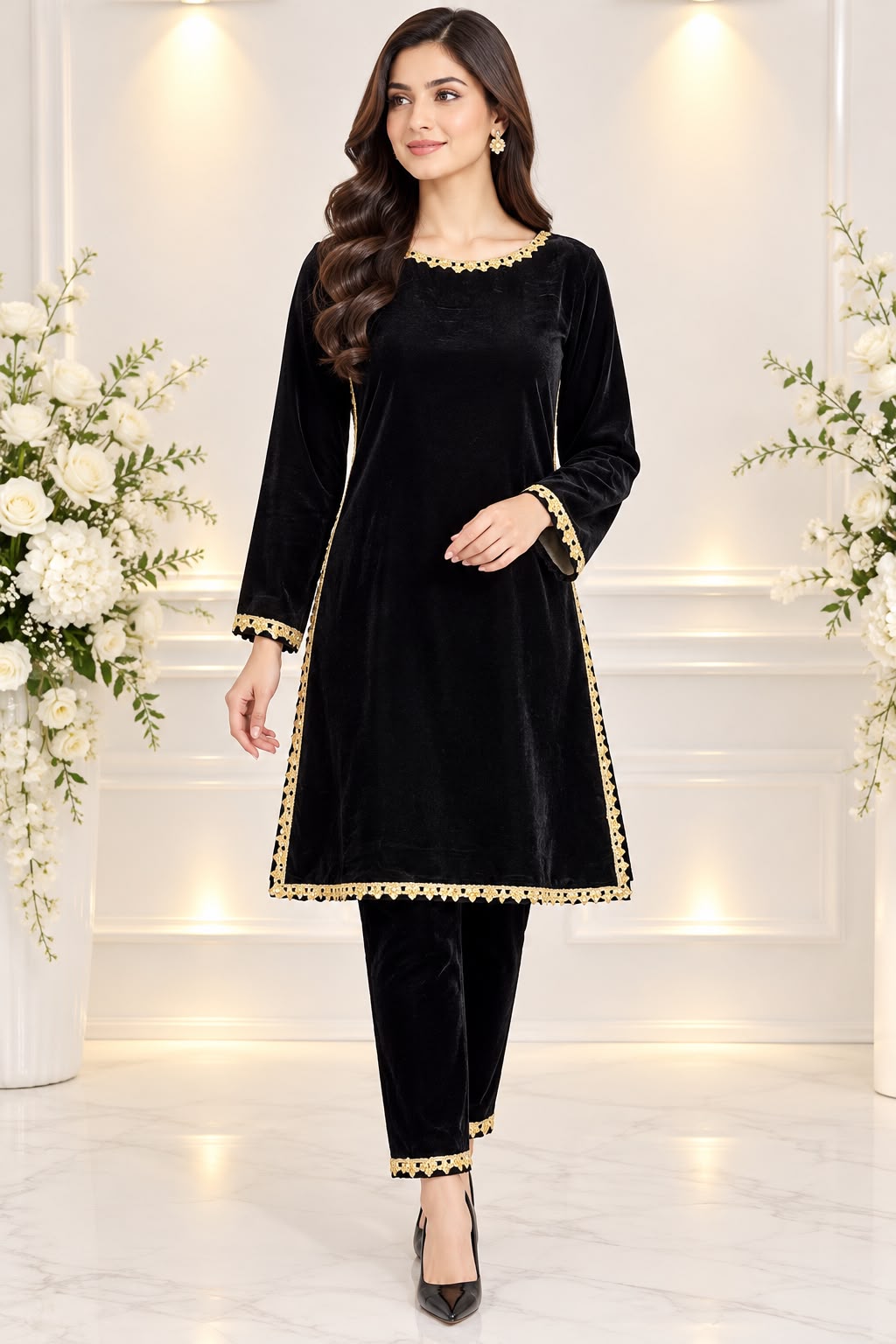 Ayesha Fabrics by Premium 11000 Micro Velvet Embroidered Shirt & Bell-Bottom Trouser Set D-06