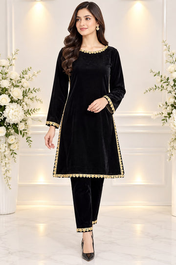 Ayesha Fabrics by Premium 11000 Micro Velvet Embroidered Shirt & Bell-Bottom Trouser Set D-06