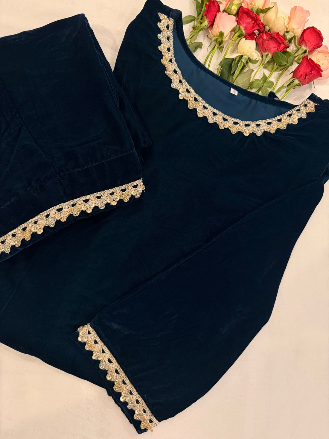 Ayesha Fabrics by Premium 11000 Micro Velvet Embroidered Shirt & Bell-Bottom Trouser Set D-07