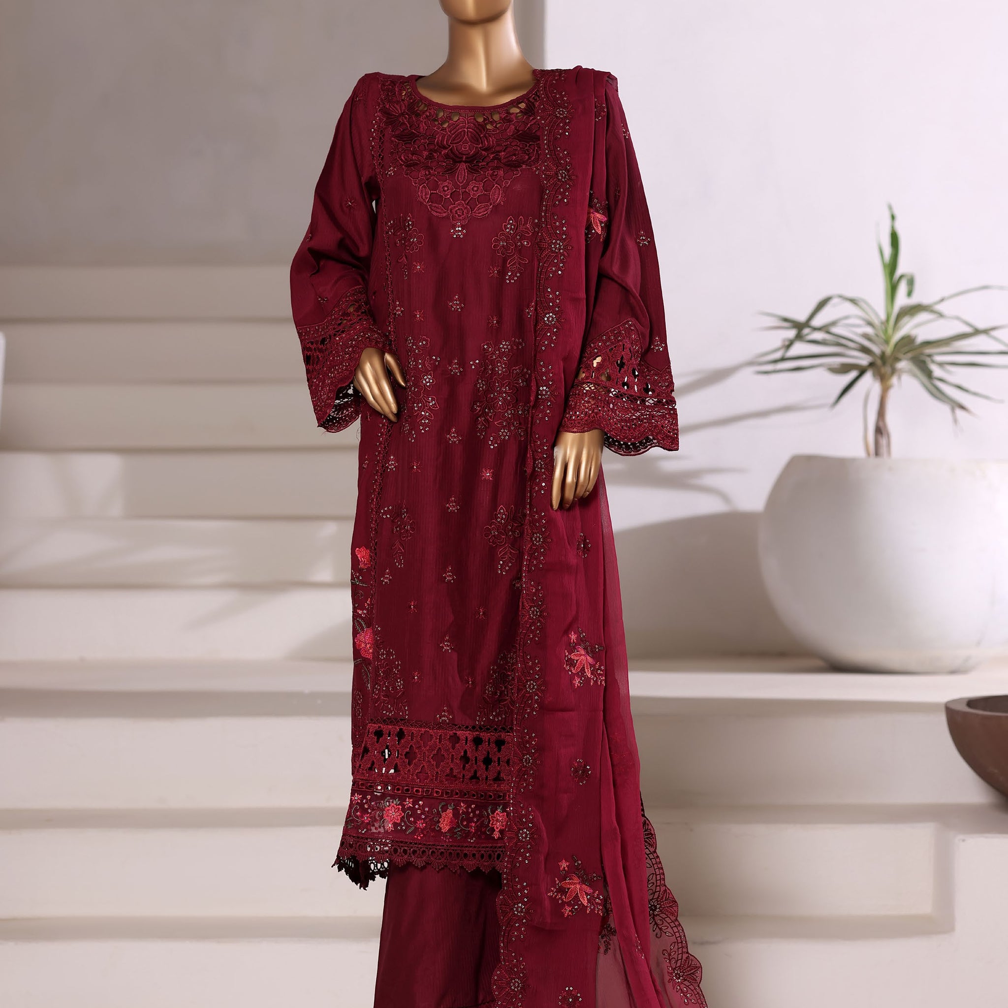 Sadabahar Luxury Viscous Embroidery With Chiffon Embroidery Dupatta Stitched Vol-01 Collection 2025. LEV-02 Mahroon