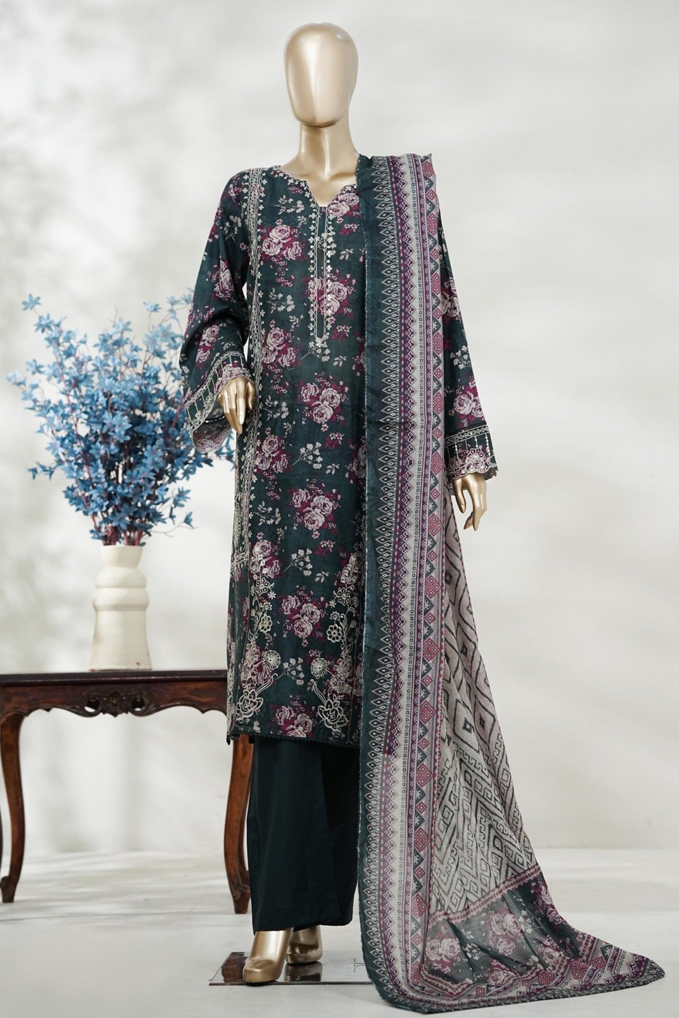 Bin Saeed Stitched 3 Piece Embroidery Lawn Long Length With Broad Flapper Eid Edition Collection 2026 D#14