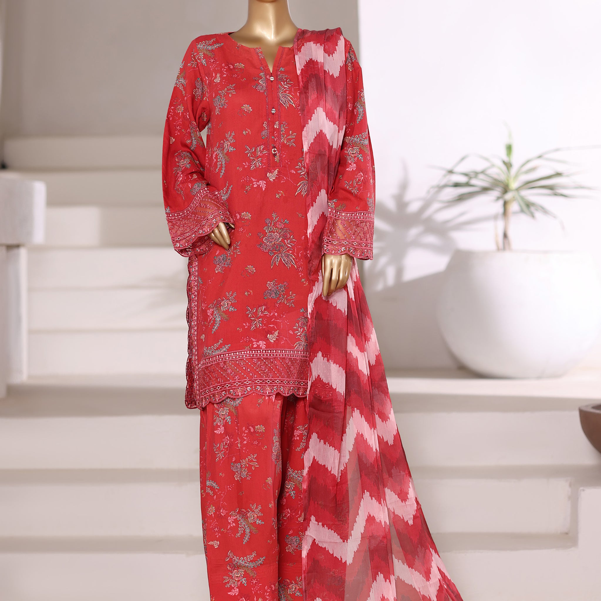Sadabahar Malika Viscose Short Length Farshi Shalwar With Chiffon Printed Dupatta 3Piece Stitched Collection 2025 Redish Color SDMVS- 002