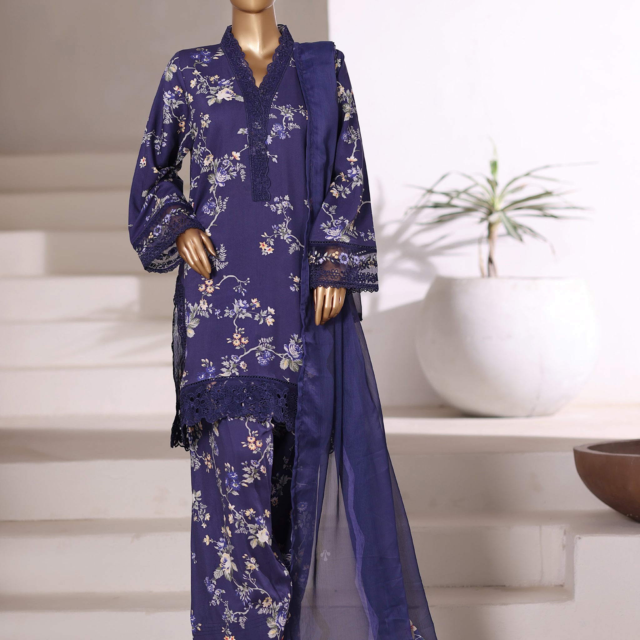 Sadabahar Malika Viscose Short Length Farshi Shalwar With Chiffon Printed Dupatta 3Piece Stitched Collection 2025 Blue SDMVS- 001
