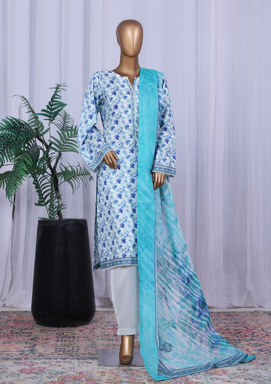BIN SAEED Printed Cotton 3pcs Stitched Vol-10 3Piece Stitched COLLECTION 2025 D-08 White+ Blue