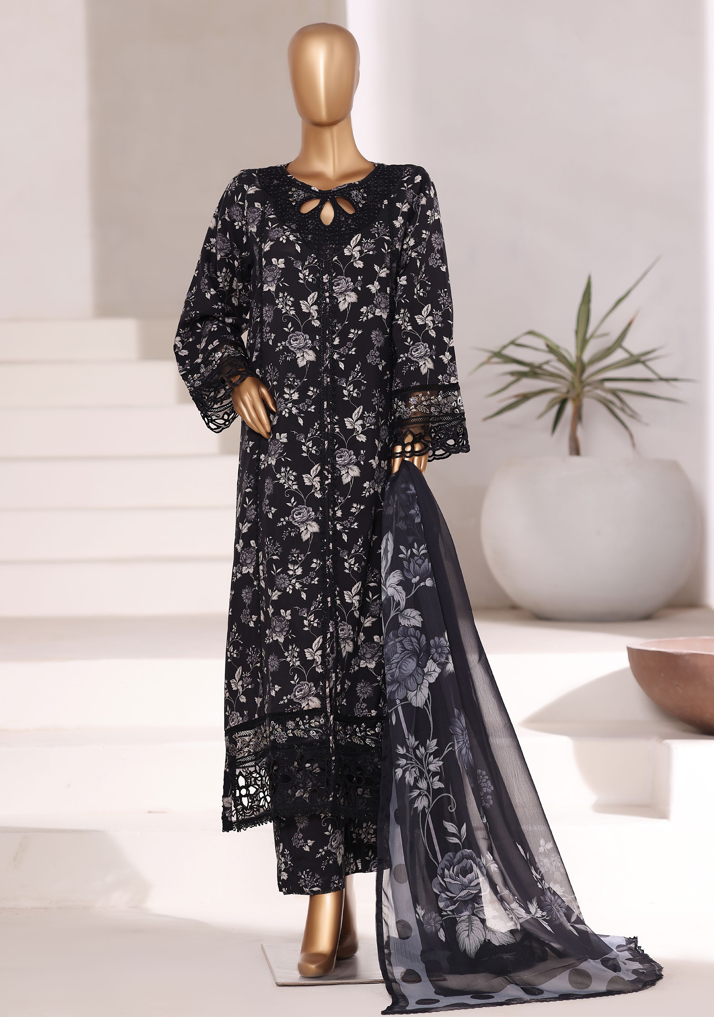 Sadabahar Malika Viscose Long Length With Chiffon Printed Dupatta 3Piece Stitched Collection 2025 Black SDMVL- 003