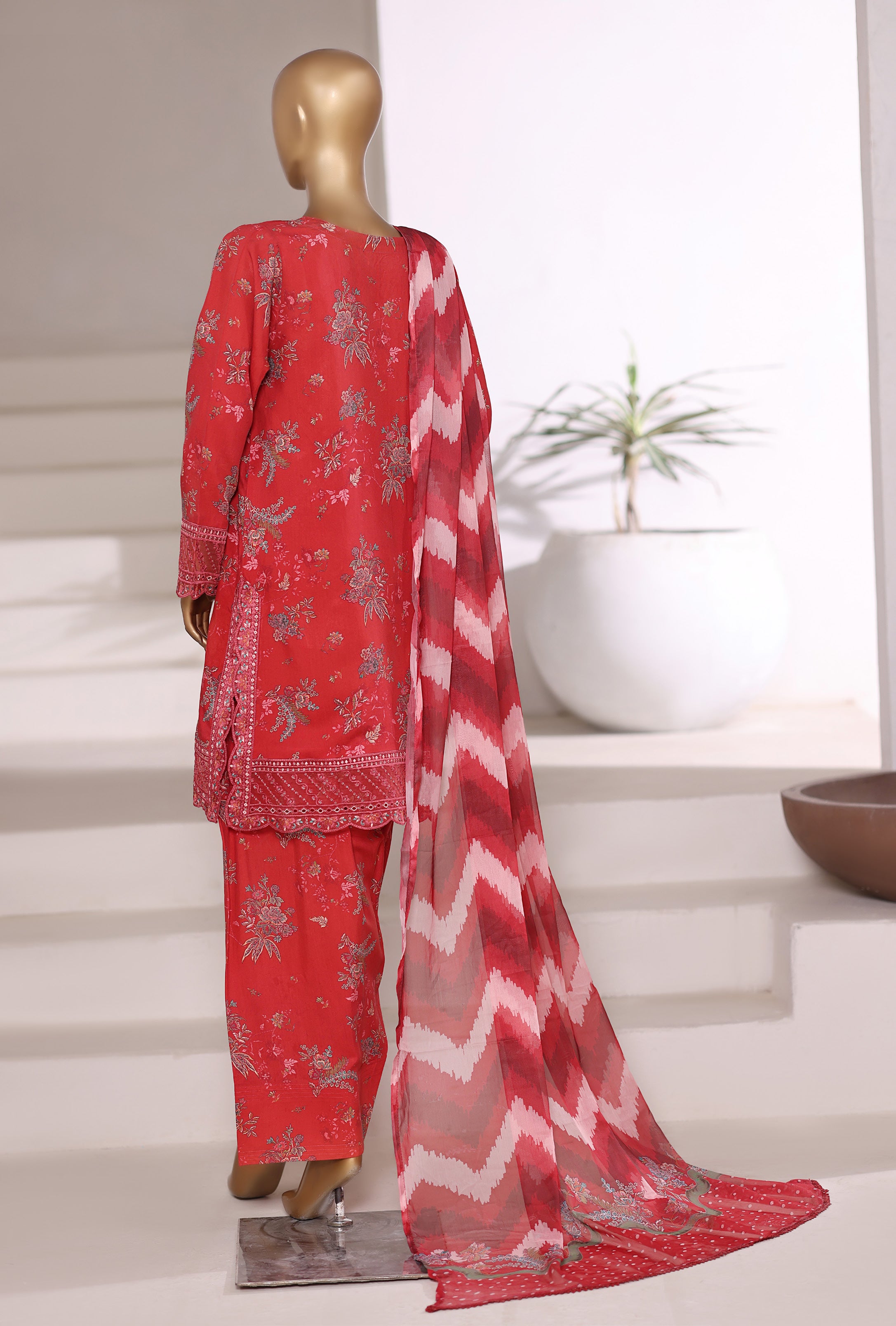 Sadabahar Malika Viscose Short Length Farshi Shalwar With Chiffon Printed Dupatta 3Piece Stitched Collection 2025 Redish Color SDMVS- 002