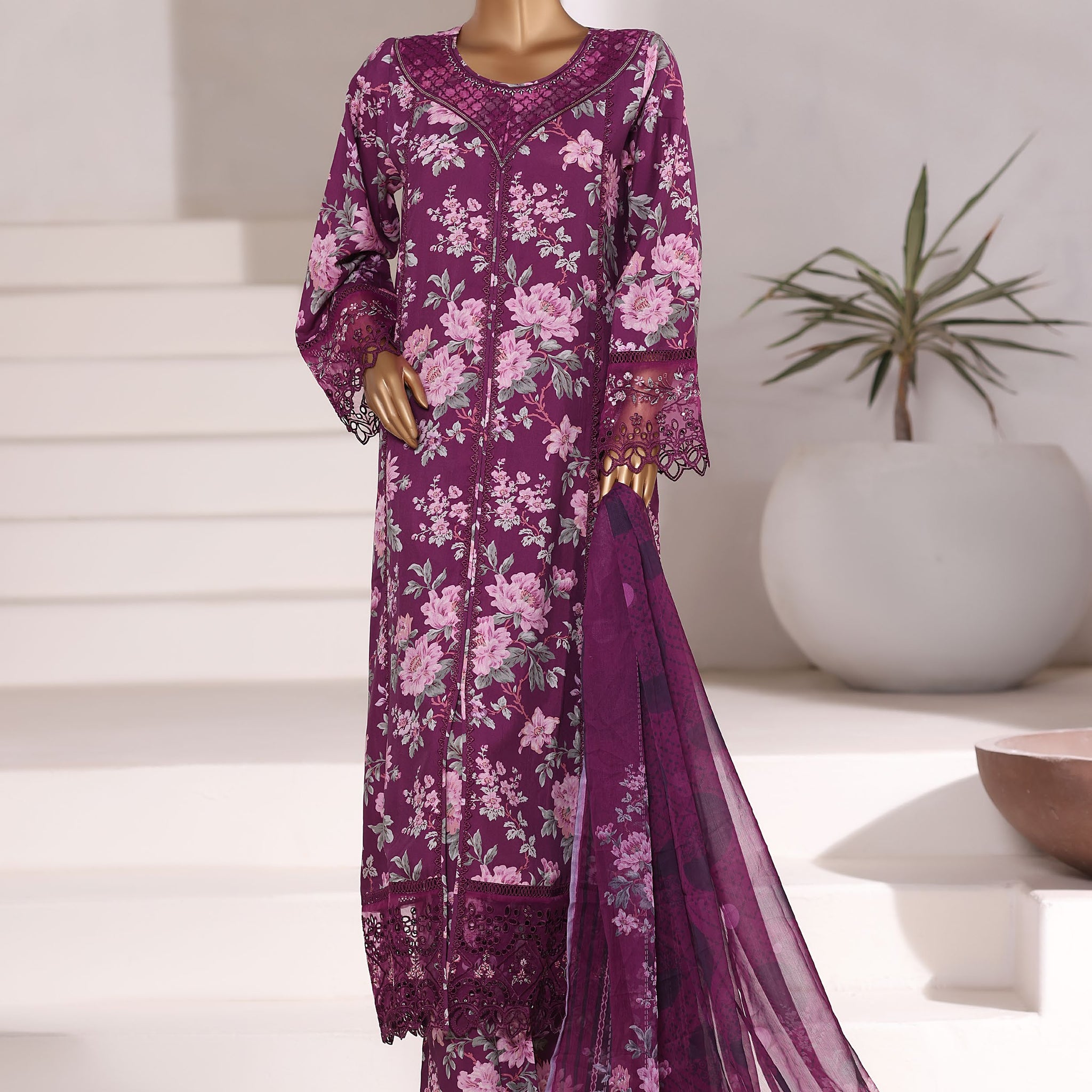 Sadabahar Malika Viscose Long Length With Chiffon Printed Dupatta 3Piece Stitched Collection 2025 Purple SDMVL- 002
