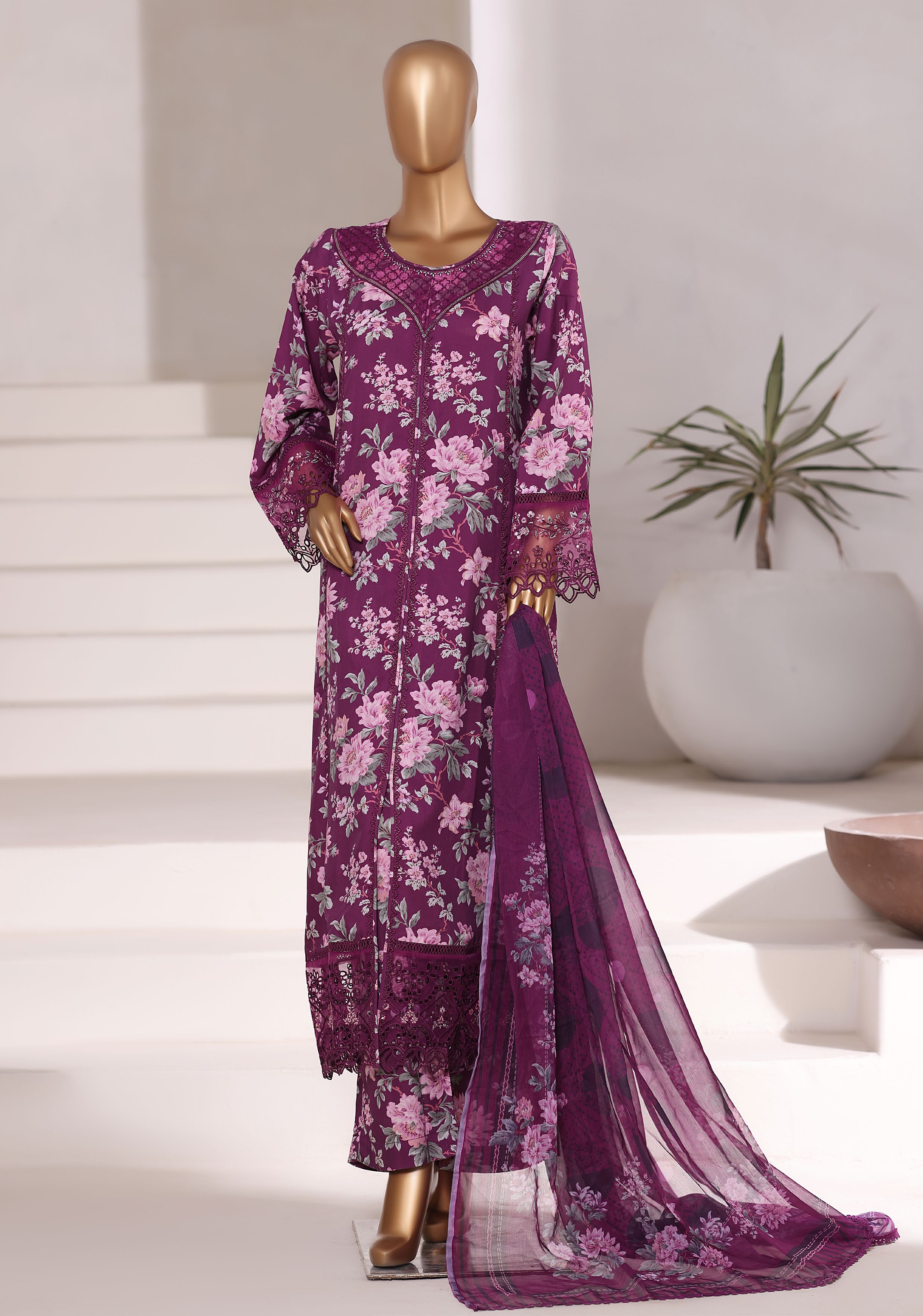 Sadabahar Malika Viscose Long Length With Chiffon Printed Dupatta 3Piece Stitched Collection 2025 Purple SDMVL- 002