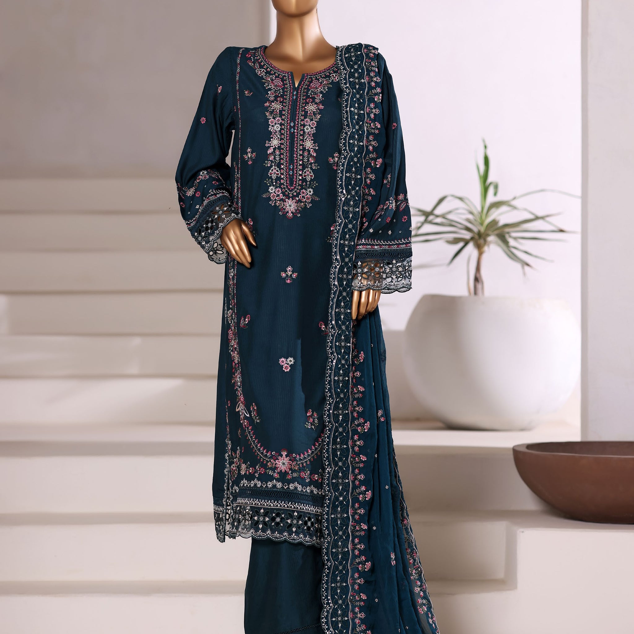 Sadabahar Luxury Viscous Embroidery With Chiffon Embroidery Dupatta Stitched Vol-01 Collection 2025. LEV-05 Bottle Green