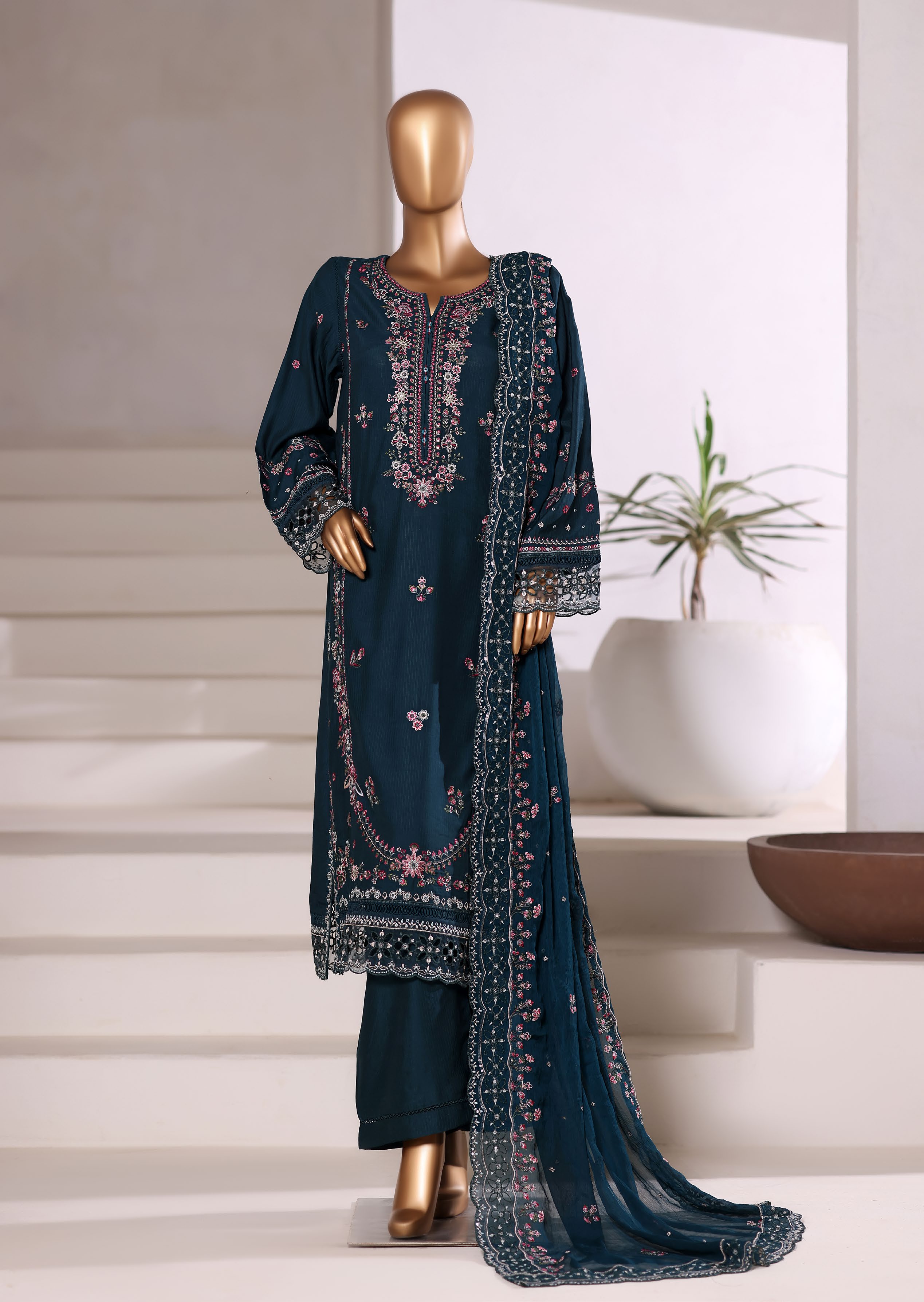 Sadabahar Luxury Viscous Embroidery With Chiffon Embroidery Dupatta Stitched Vol-01 Collection 2025. LEV-05 Bottle Green