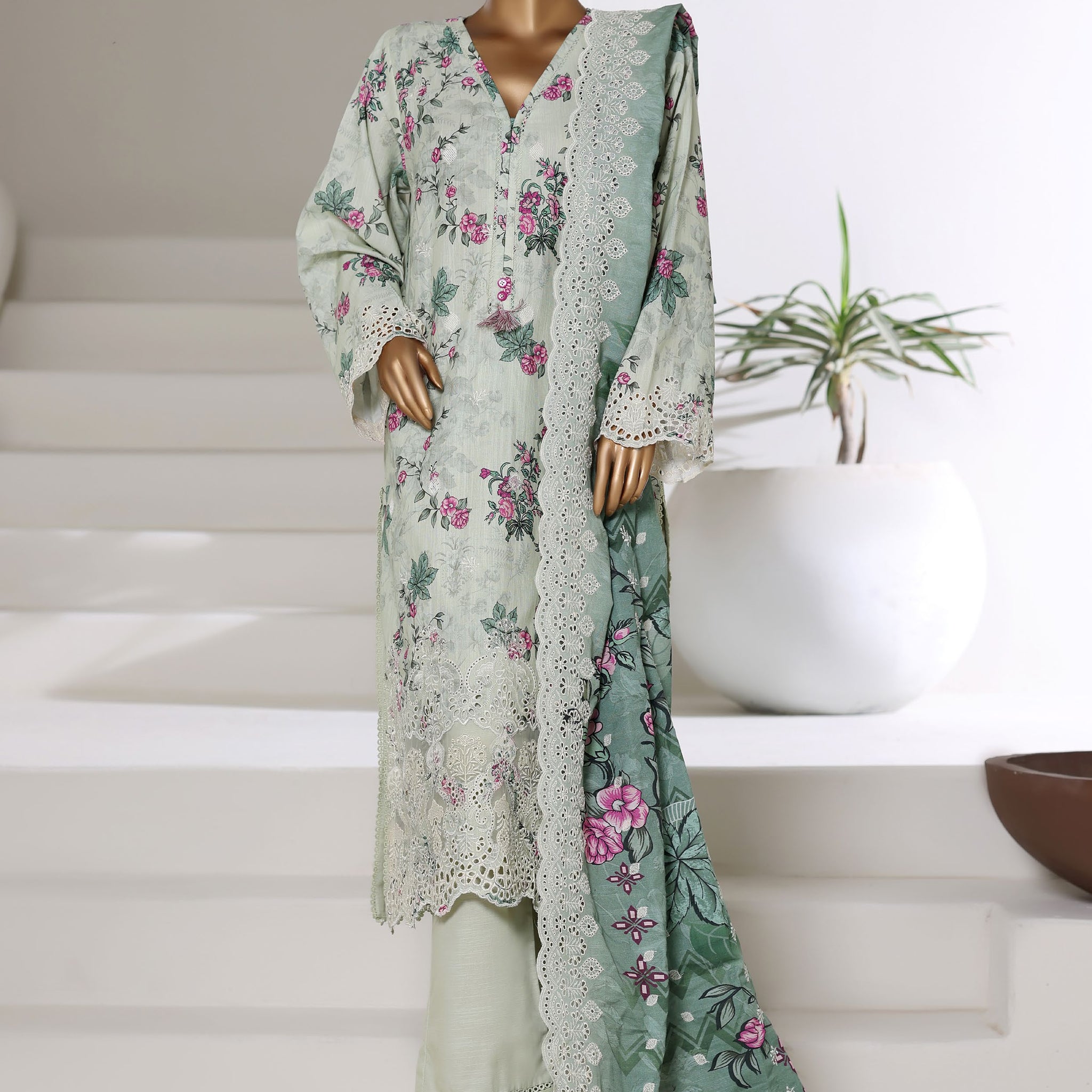 SADABAHAR RTW FUSION LASER CHICKENKARI EMBROIDERED KHADDAR 3PIECE COLLECTION 2025 SFKE -06