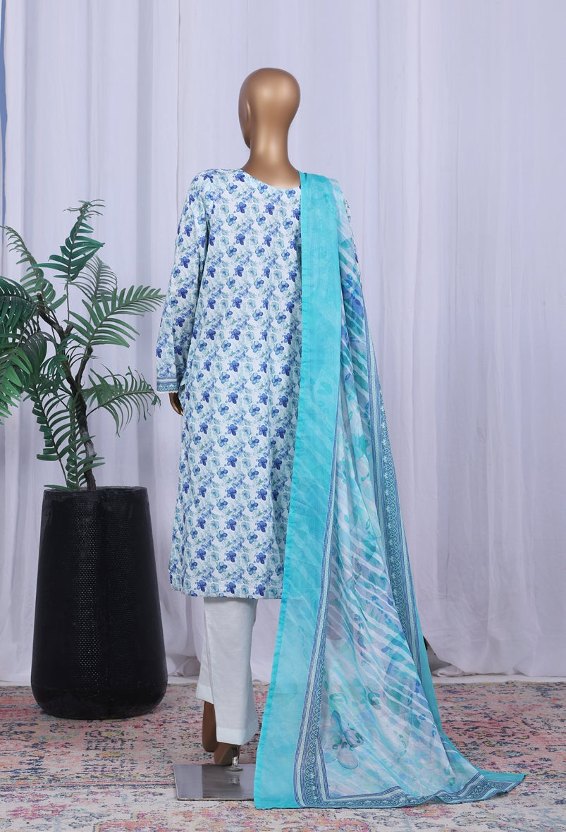 BIN SAEED Printed Cotton 3pcs Stitched Vol-10 3Piece Stitched COLLECTION 2025 D-08 White+ Blue