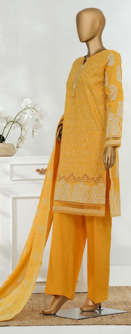 Hz Ready To Were Cotton Sunehri Paste Print With Embroidery Stitched Collection 2025. D-62 Mustard