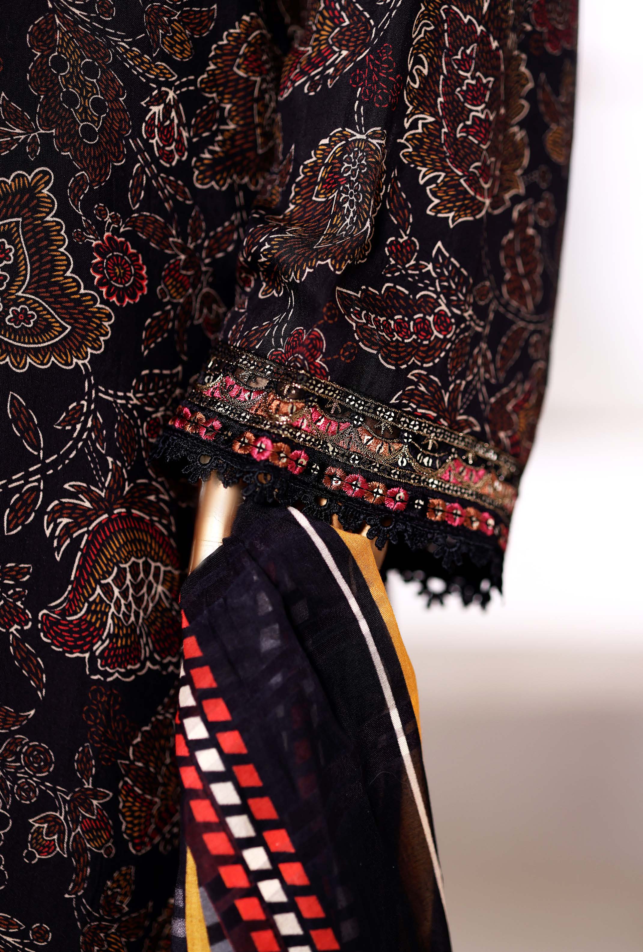 Sadabahar Malika Viscose Short Length Farshi Shalwar With Chiffon Printed Dupatta  3Piece Stitched Vol-02 Collection 2025 Black Color SDMVS- 005