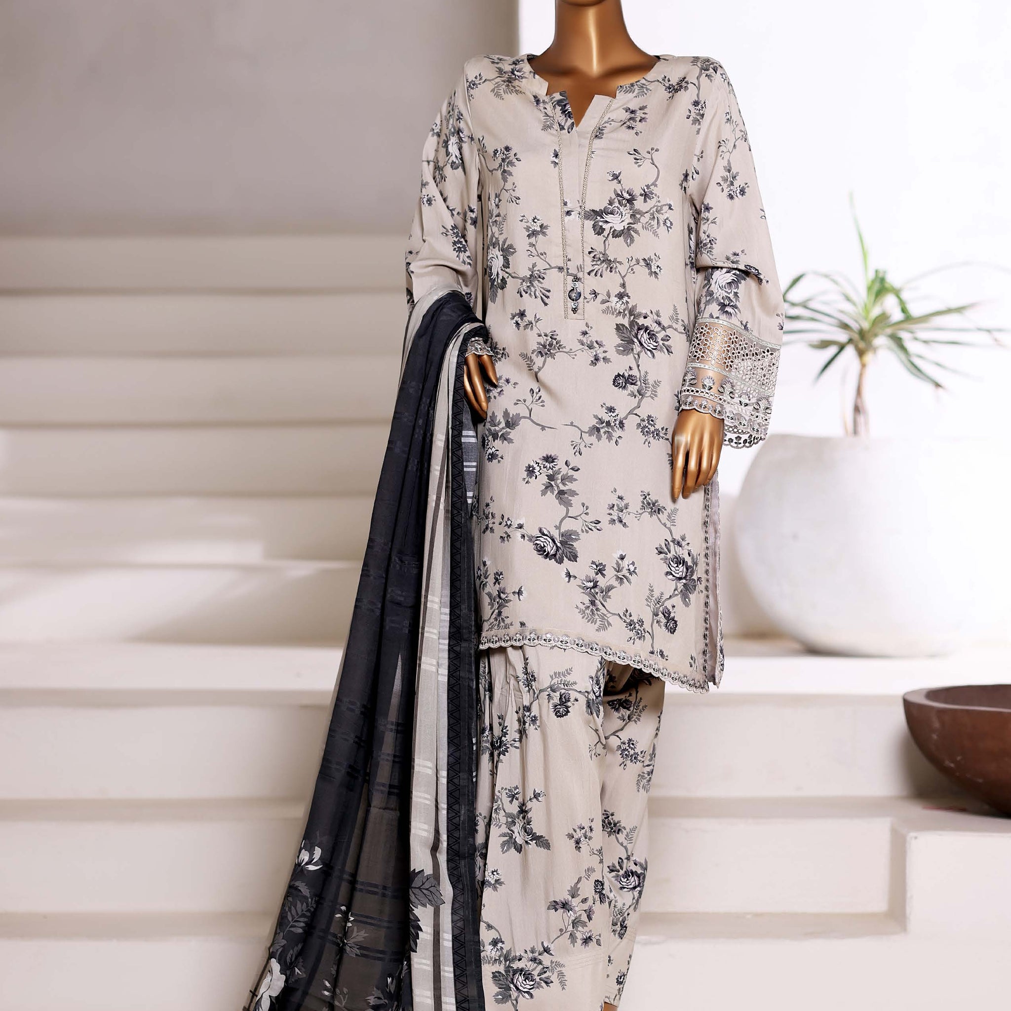 Sadabahar Malika Viscose Short Length Farshi Shalwar With Chiffon Printed Dupatta  3Piece Stitched Vol-02 Collection 2025 Cream Color SDMVS- 010