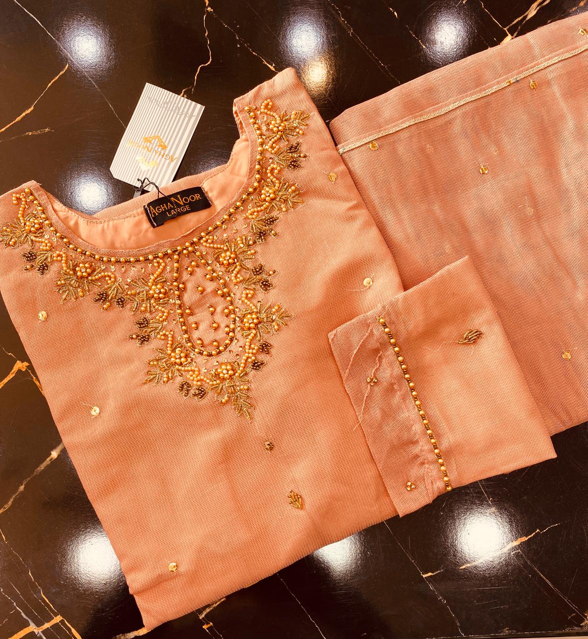 Manahil Khaddi Net Handwork Embrodered 2Piece Stitched Collection 2025(Peach) D-01