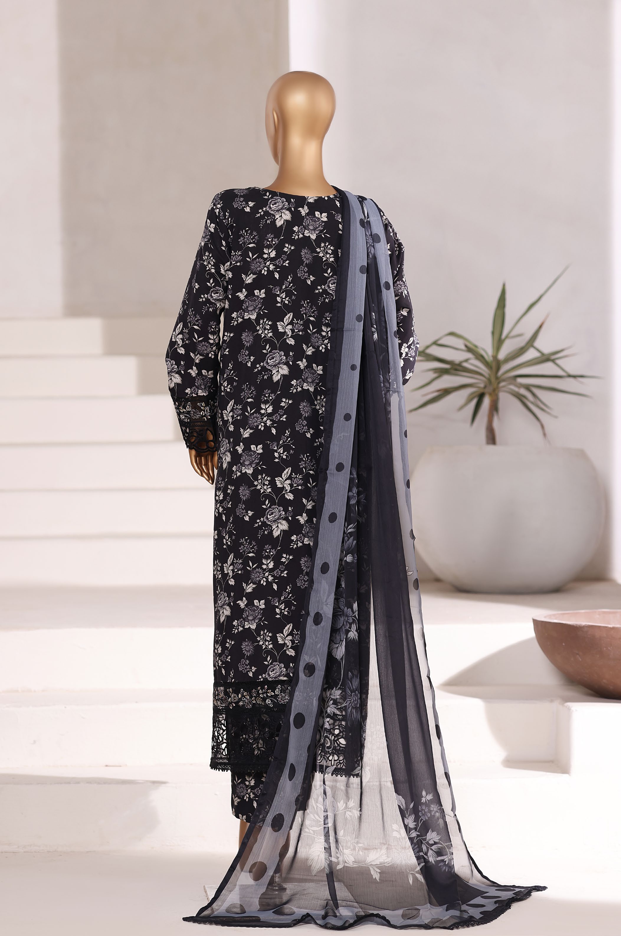 Sadabahar Malika Viscose Long Length With Chiffon Printed Dupatta 3Piece Stitched Collection 2025 Black SDMVL- 003