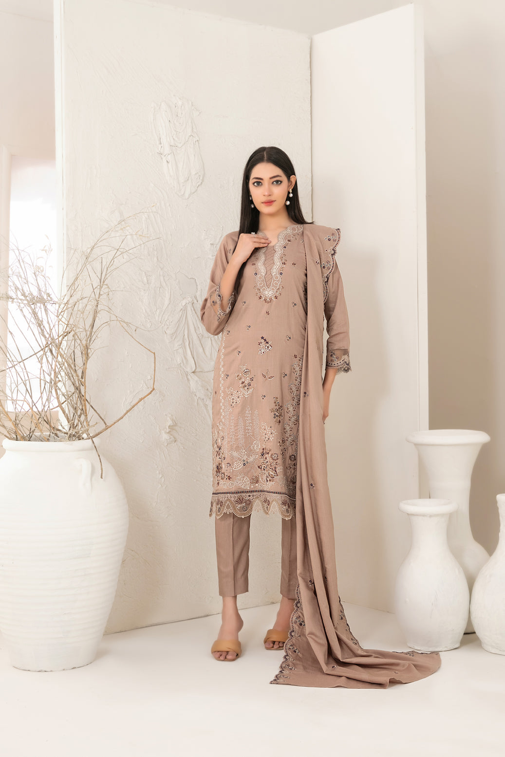 Tawakkal Dhoop Kinara Slub Viscous Embroidery 3Piece Unstitched Collection 2025 D-08
