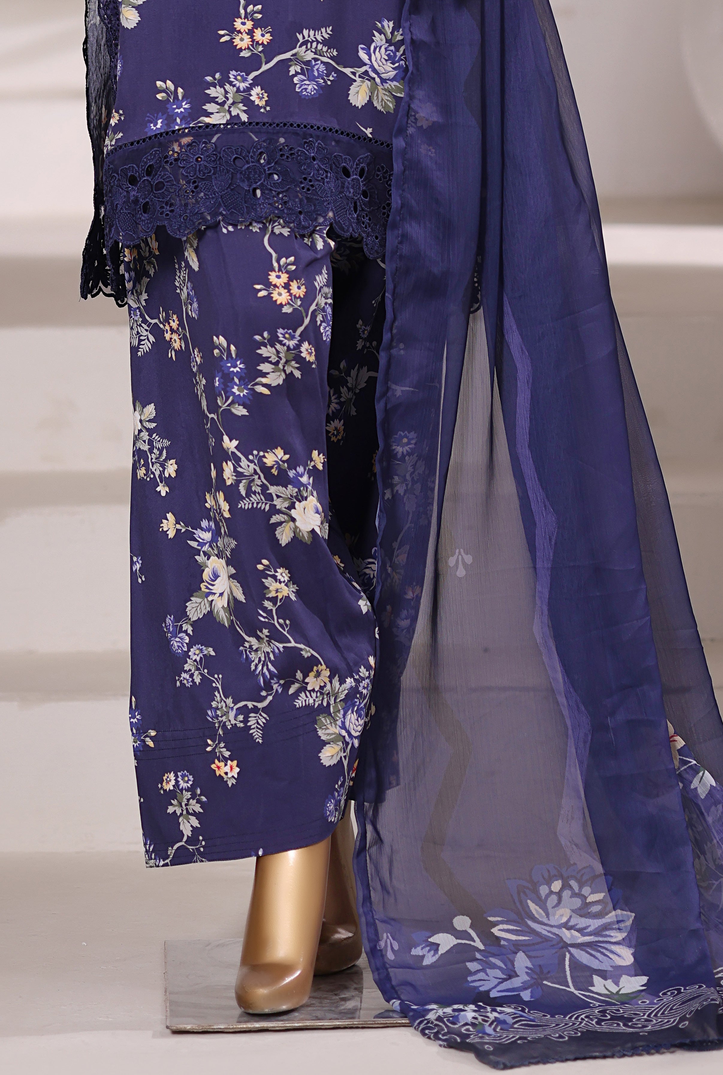 Sadabahar Malika Viscose Short Length Farshi Shalwar With Chiffon Printed Dupatta 3Piece Stitched Collection 2025 Blue SDMVS- 001