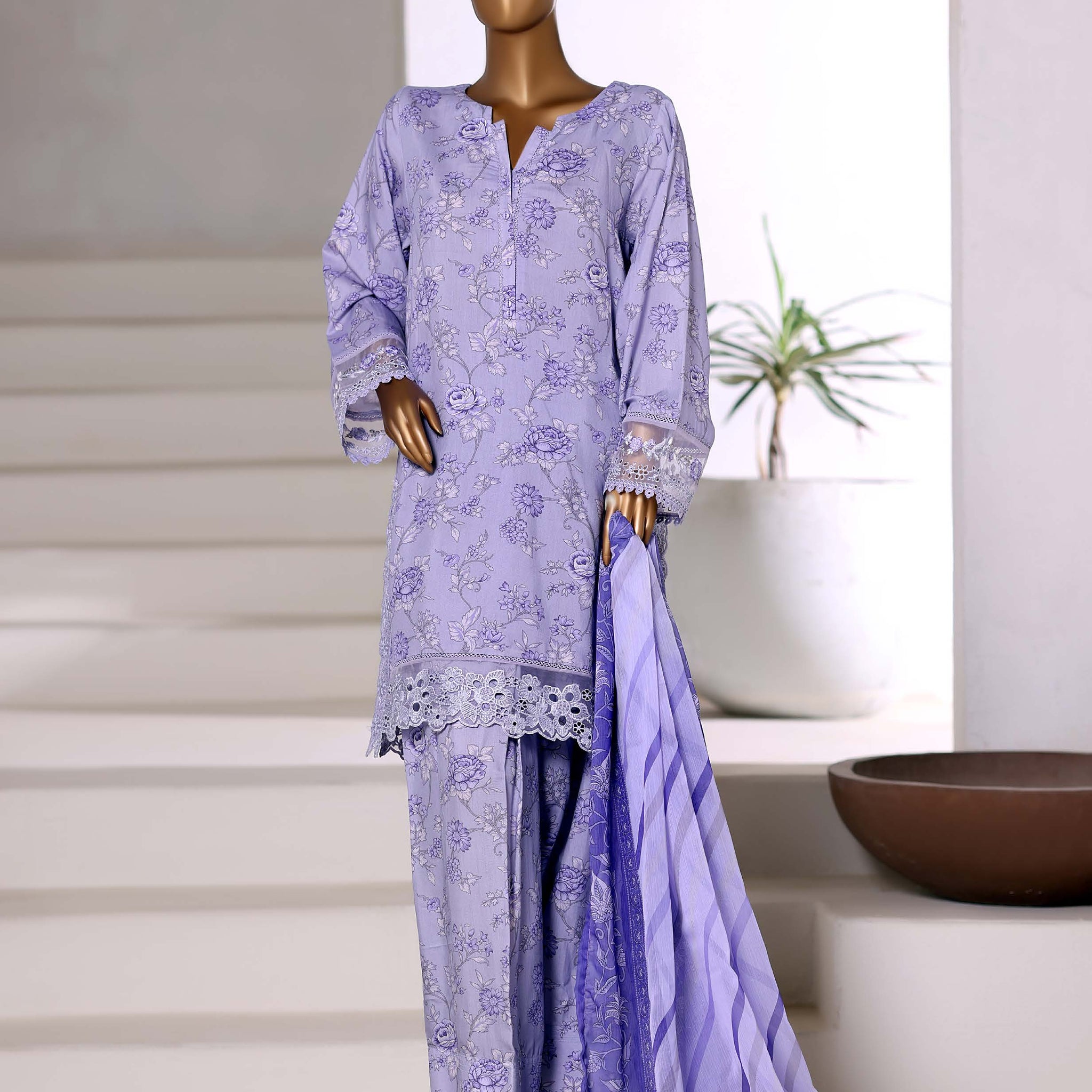 Sadabahar Malika Viscose Short Length Farshi Shalwar With Chiffon Printed Dupatta  3Piece Stitched Vol-02 Collection 2025 Lilic Color SDMVS- 006
