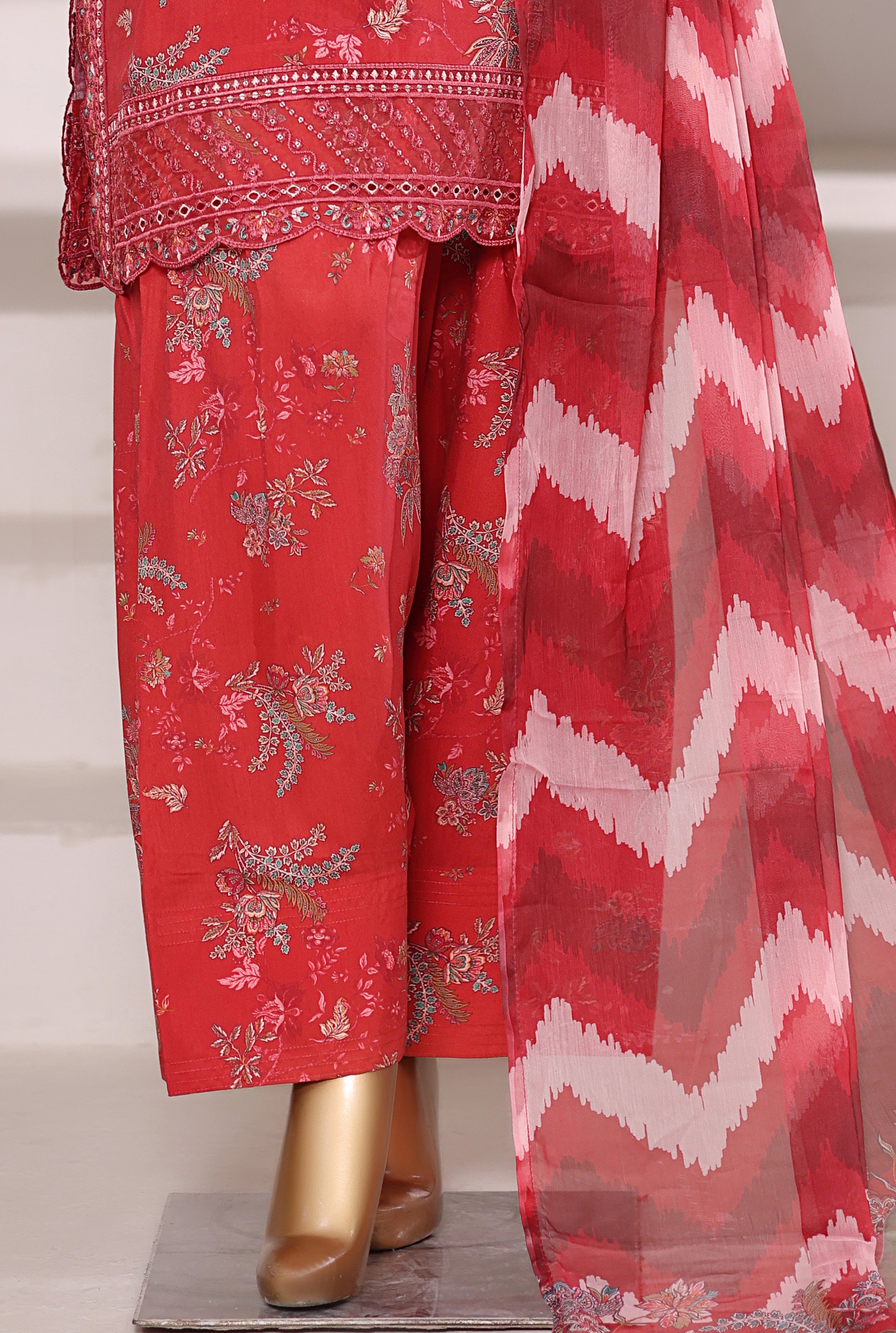 Sadabahar Malika Viscose Short Length Farshi Shalwar With Chiffon Printed Dupatta 3Piece Stitched Collection 2025 Redish Color SDMVS- 002