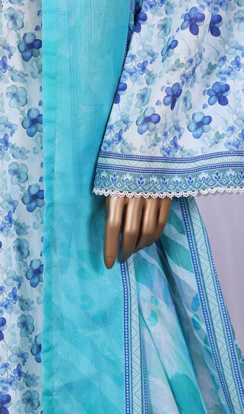 BIN SAEED Printed Cotton 3pcs Stitched Vol-10 3Piece Stitched COLLECTION 2025 D-08 White+ Blue